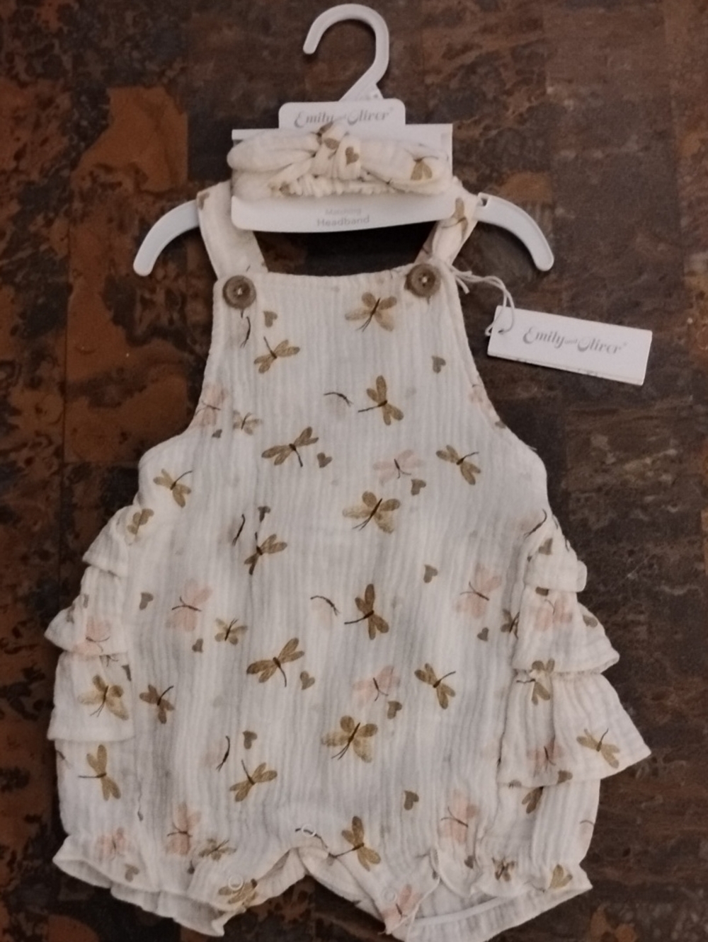 Emily & Oliver Cream Dragonfly Romper with Matching Headband